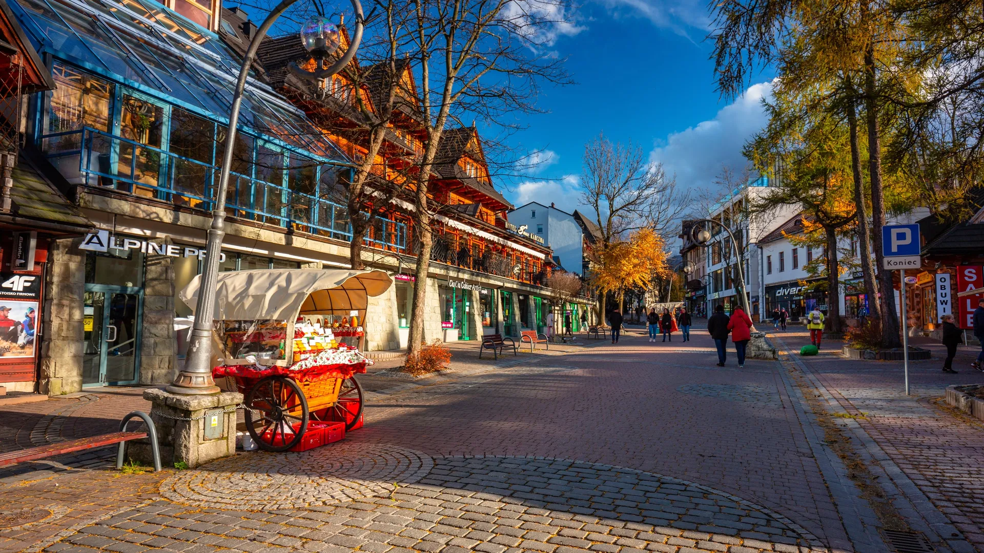 Visitors on Krupówki, the main promenade in Zakopane, in autumn