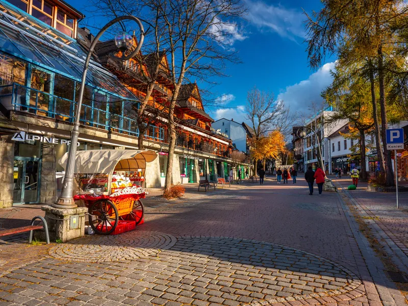 Visitors on Krupówki, the main promenade in Zakopane, in autumn