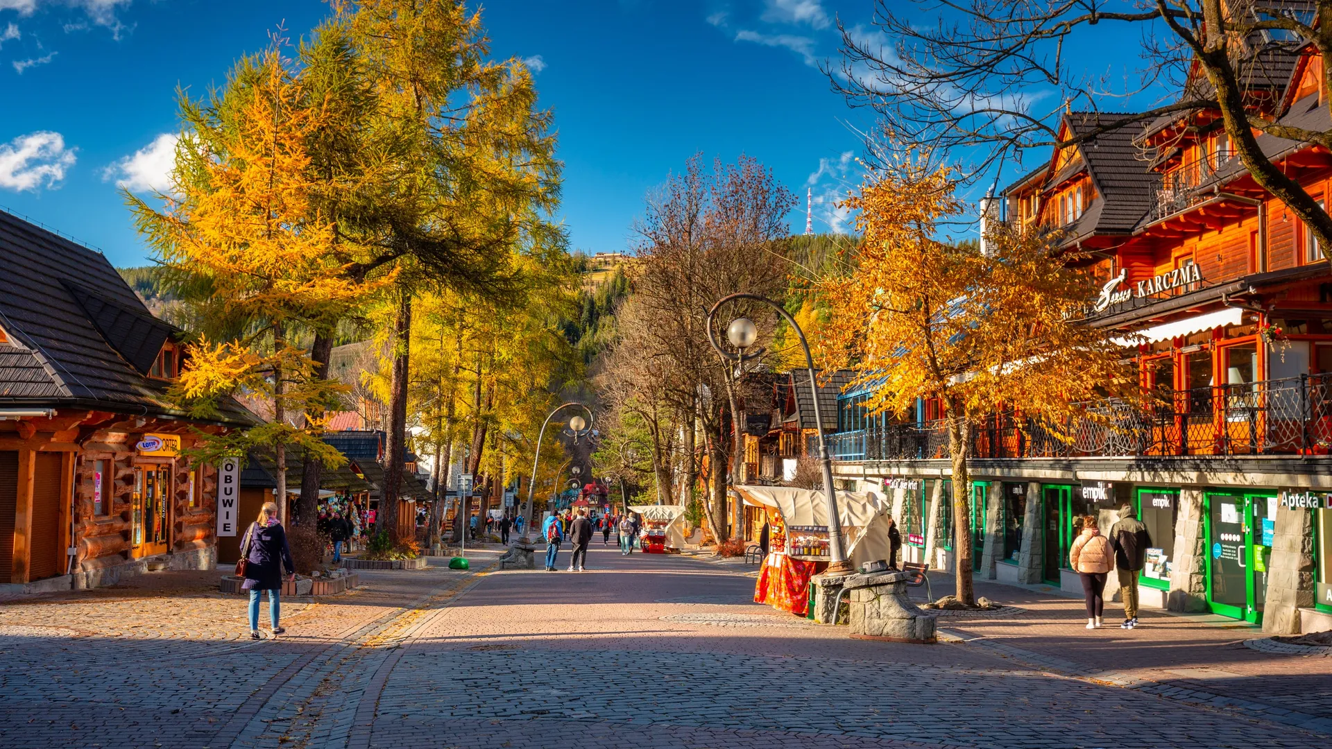 Shops along the Krupówki promenade in Zakopane in autumn