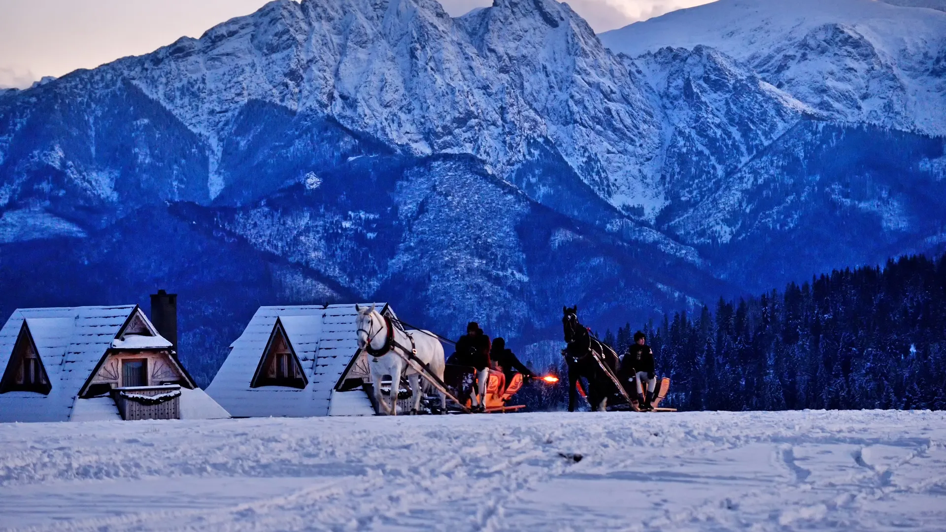 Horse-drawn sleigh ride (kulig) below Giewont in winter