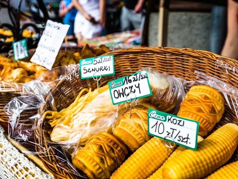 Oscypek, smoked highland sheep cheese, sold from a market stall in Zakopane