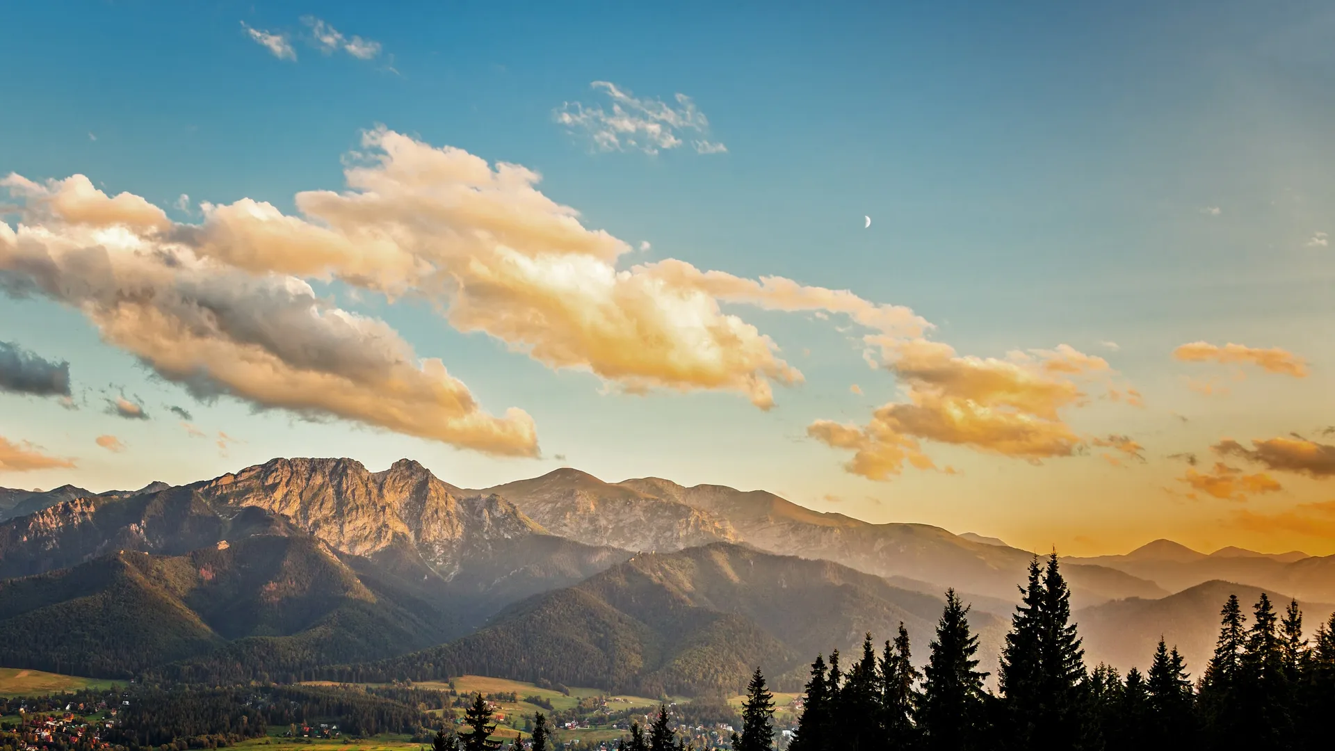 Panorama of the Tatra Mountains at sunset in autumn