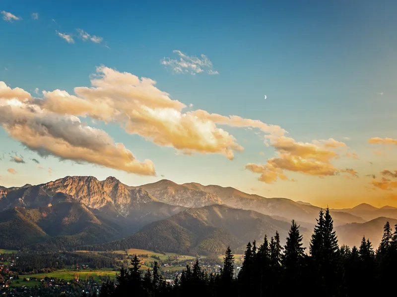 Panorama of the Tatra Mountains at sunset in autumn