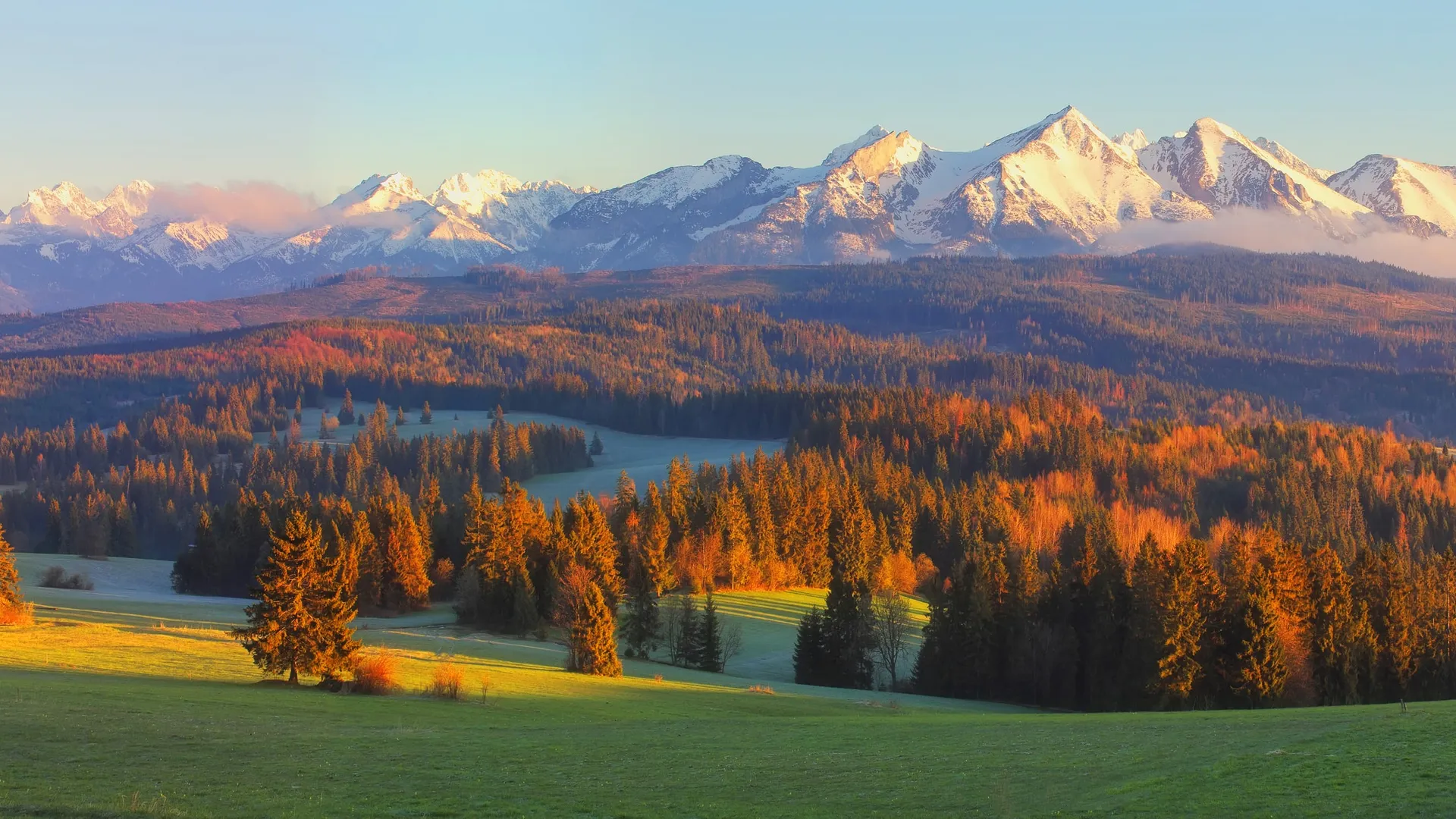 The Tatras seen from the Podhale foothills in autumn