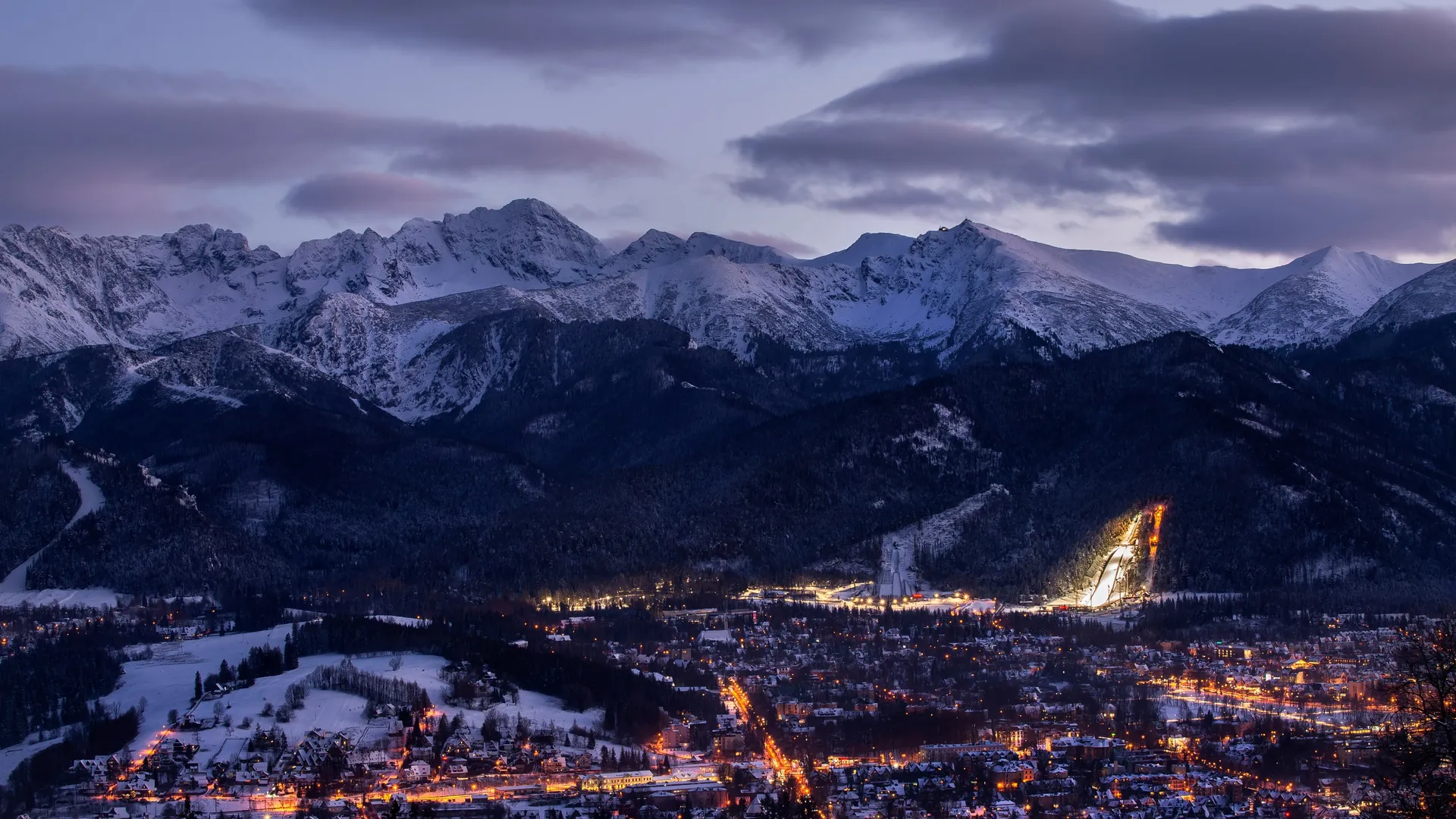The Wielka Krokiew ski-jump tower in Zakopane at night