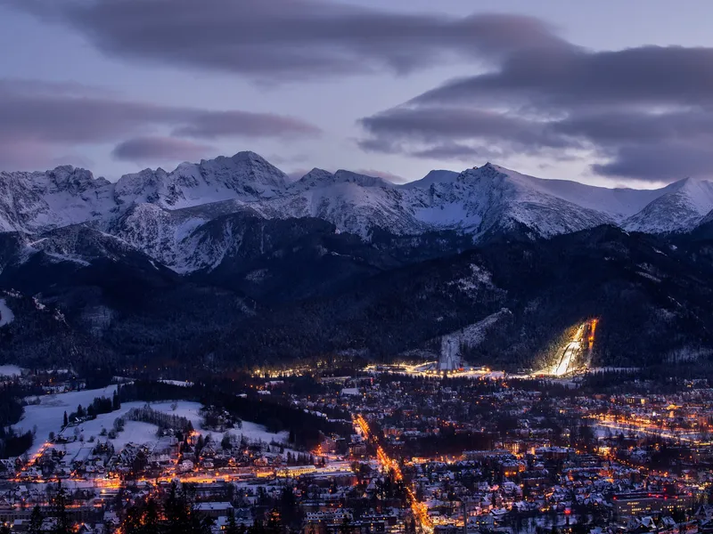 The Wielka Krokiew ski-jump tower in Zakopane at night