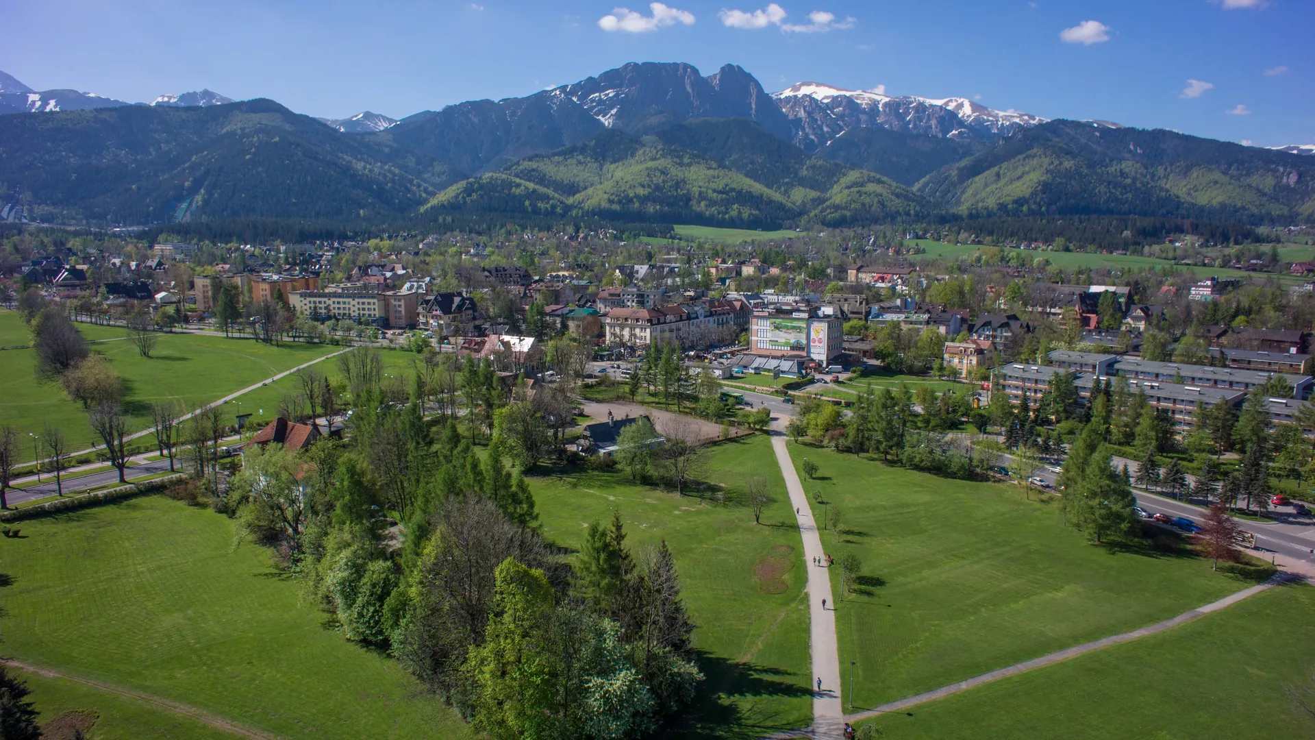 Aerial view of Zakopane with the Tatra range and Giewont behind the town