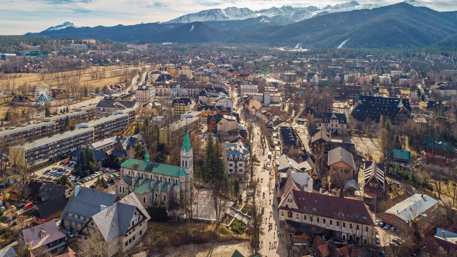 Zakopane and the Tatra Mountains seen from above in spring